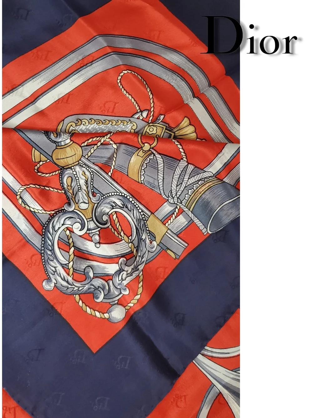 Vintage Christian Dior Silk Scarf Equestrian Hunting Weapon Motif Red Navy Blue